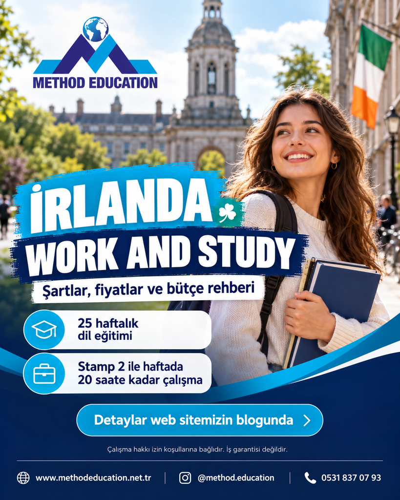 İrlanda Work and Study şartlarını, 25 haftalık dil eğitimi fiyatlarını, Stamp 2 çalışma hakkını ve toplam bütçe kalemlerini öğrenin.