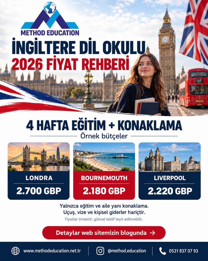 İngiltere dil okulu fiyatları 2026: Londra, Bournemouth ve Liverpool için 4 haftalık eğitim ve konaklama bütçe örnekleri